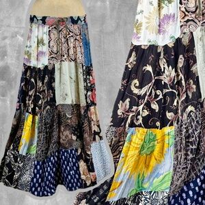 VINTAGE patchwork hippie long maxi skirt mixed print‎ drawstring waist 90s y2k